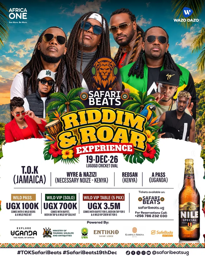 Official Riddim & Roar Experience poster: T.O.K, Wyre & Nazizi, Redsan, A Pass, 19 Dec 2026, Lugogo Cricket Oval